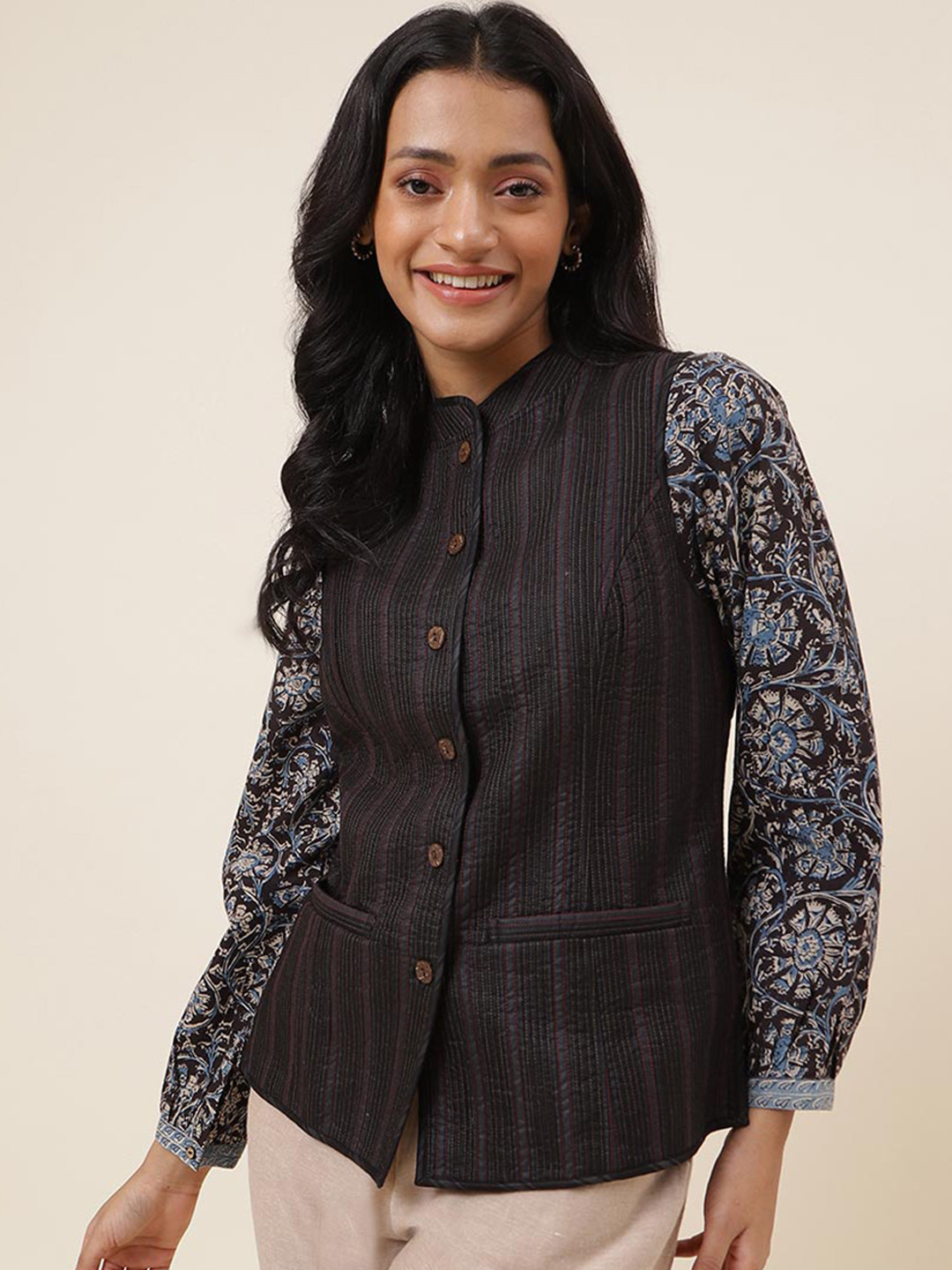 

Fabindia Striped Mandarin Collar Nehru Jacket, Black