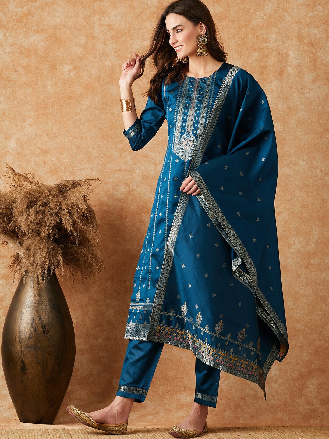 

Sangria Woven Design Straight Kurta With Trouser & Dupatta, Blue