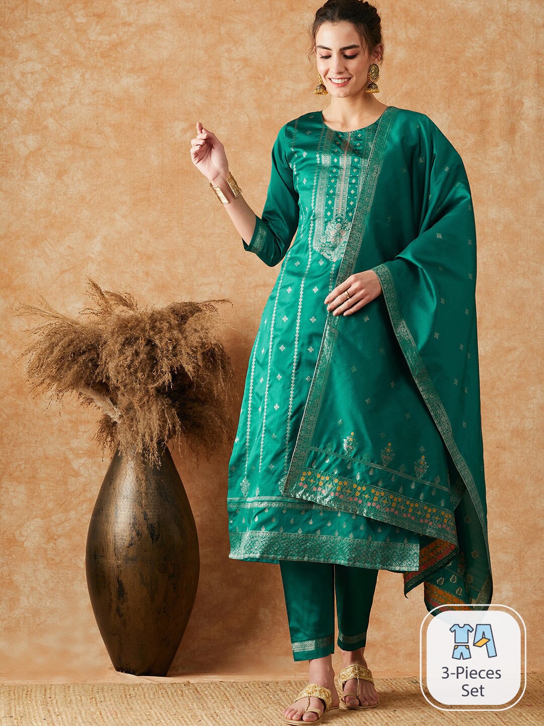 

Sangria Ethnic Motifs Woven-Designed Straight Kurta With Trouser & Dupatta, Teal