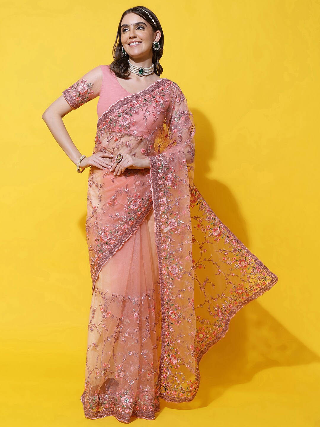 

kasee Floral Embroidered Net Saree, Pink