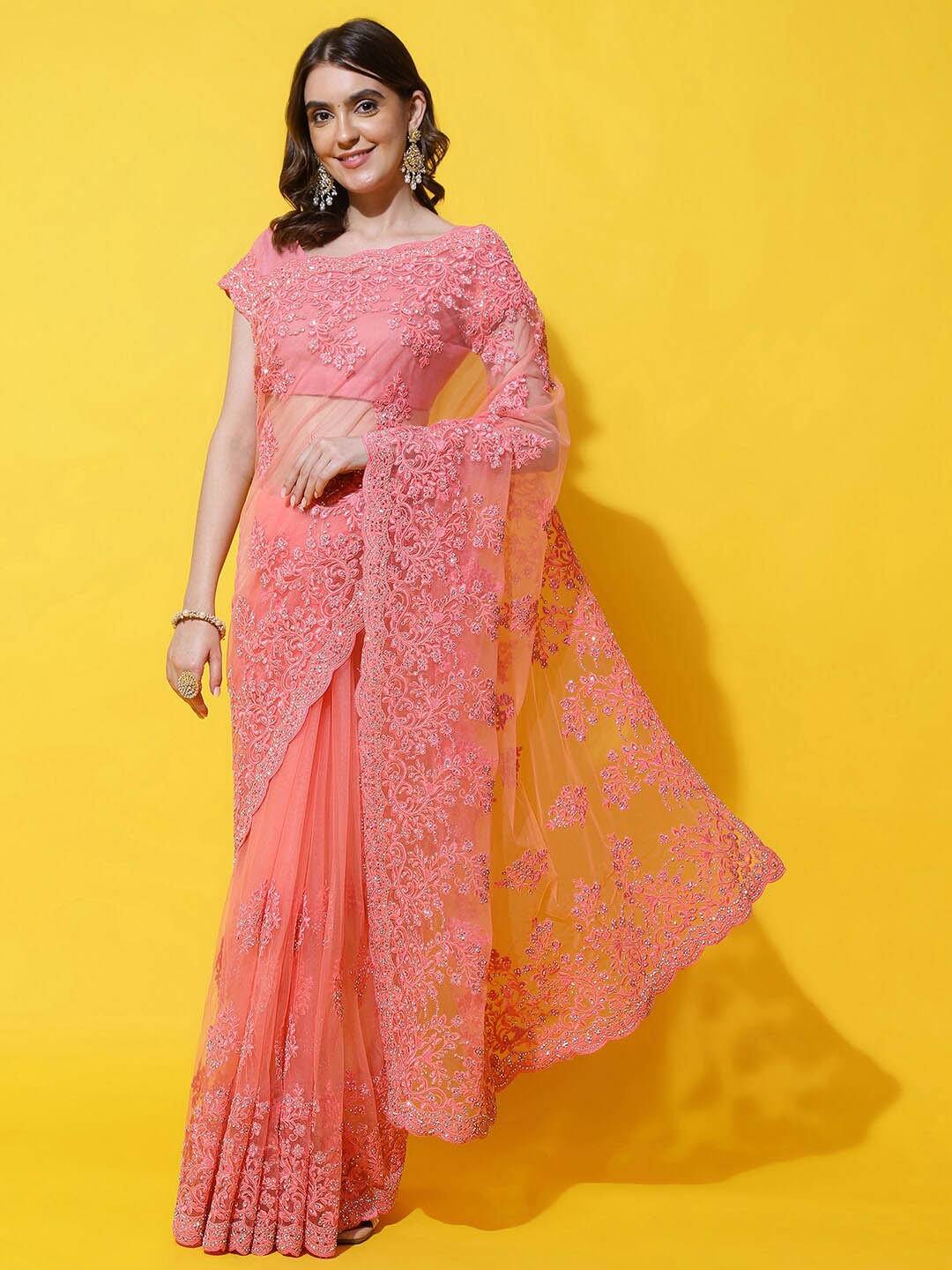 

kasee Embellished Beads and Stones Net Saree, Pink