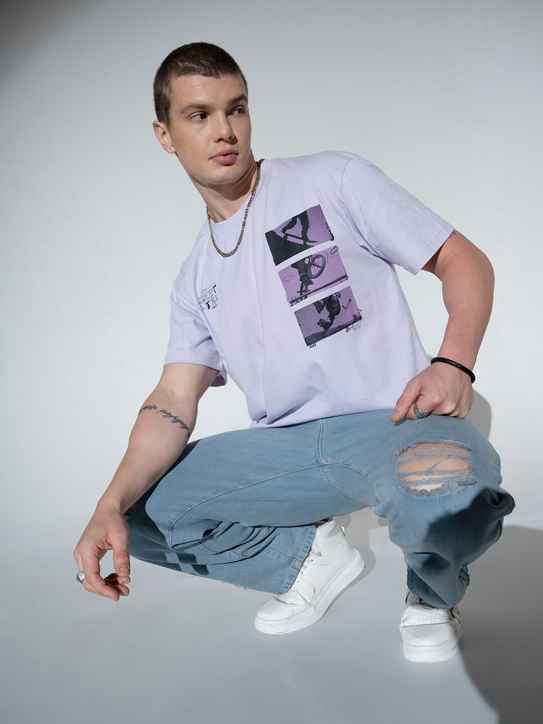 

Hubberholme Graphic Printed Drop-Shoulder Sleeves Pure Cotton Relaxed Fit T-shirt, Lavender
