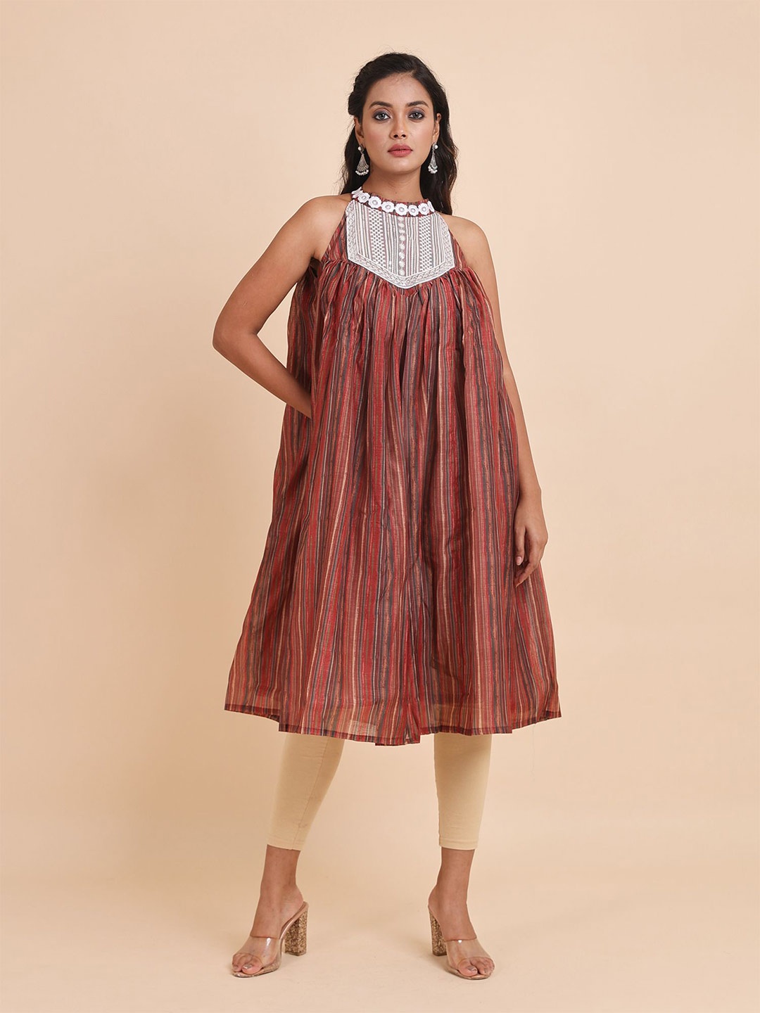 

Disli Striped Halter Neck A-Line Cotton Kurta, Red