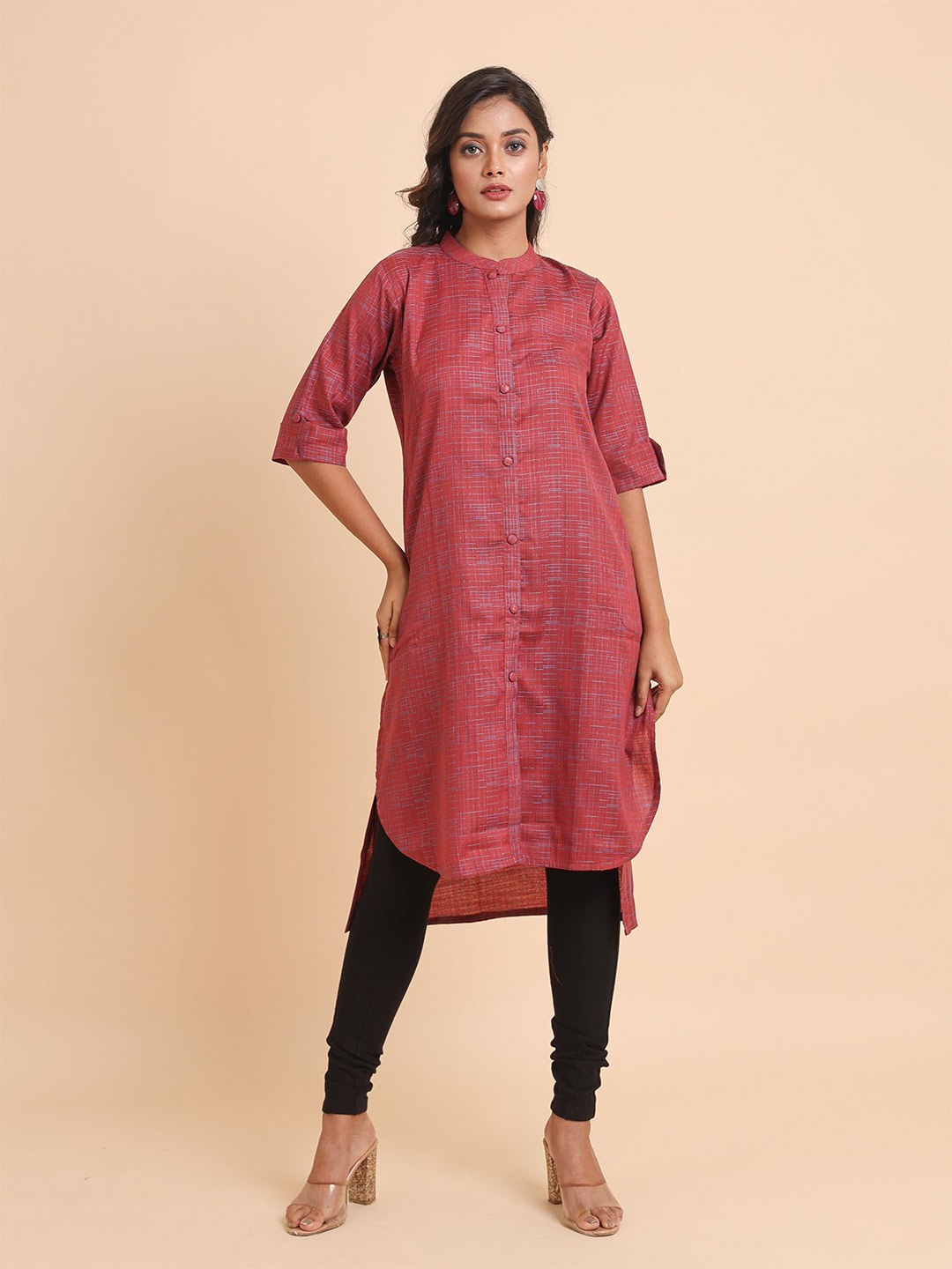 

Disli Checked Mandarin Collar Cotton Pathani Kurta, Maroon