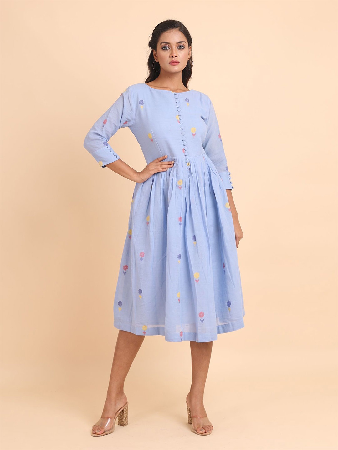 

Disli Floral Printed Gathered Or Pleated Cotton A Line Midi Dress, Blue
