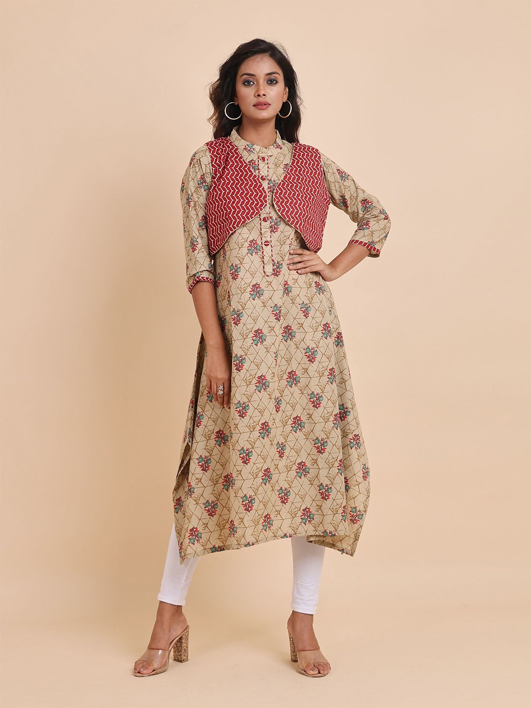 

Disli Ethnic Motifs Printed Cotton Hem Kurta, Beige