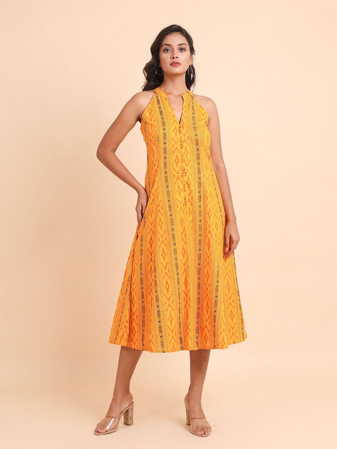 

Disli Ethnic Motifs Printed Cotton A Line Midi Dress, Mustard