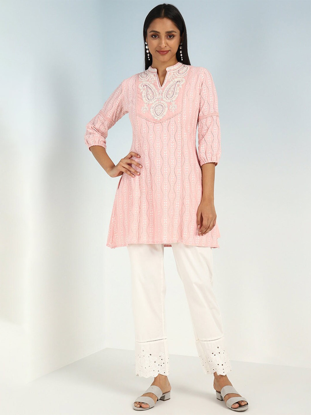 

Lakshita Floral Woven Design Thread Work Kurti, Pink
