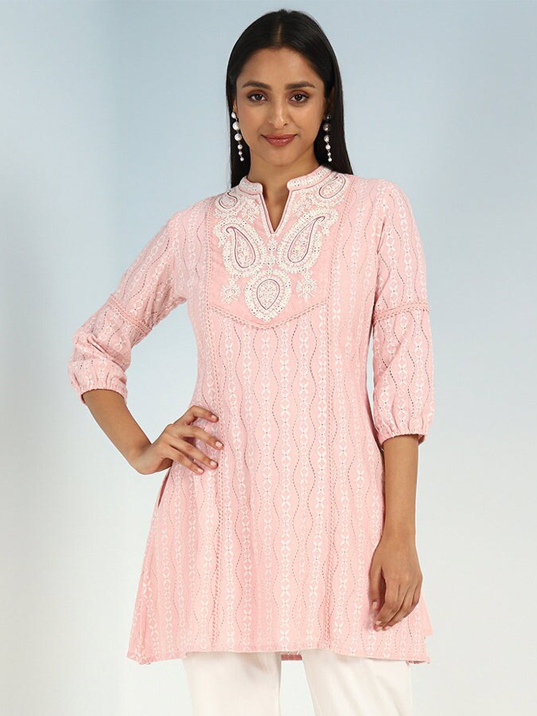 

Lakshita Floral Woven Design Thread Work Thread Work Kurti, Pink