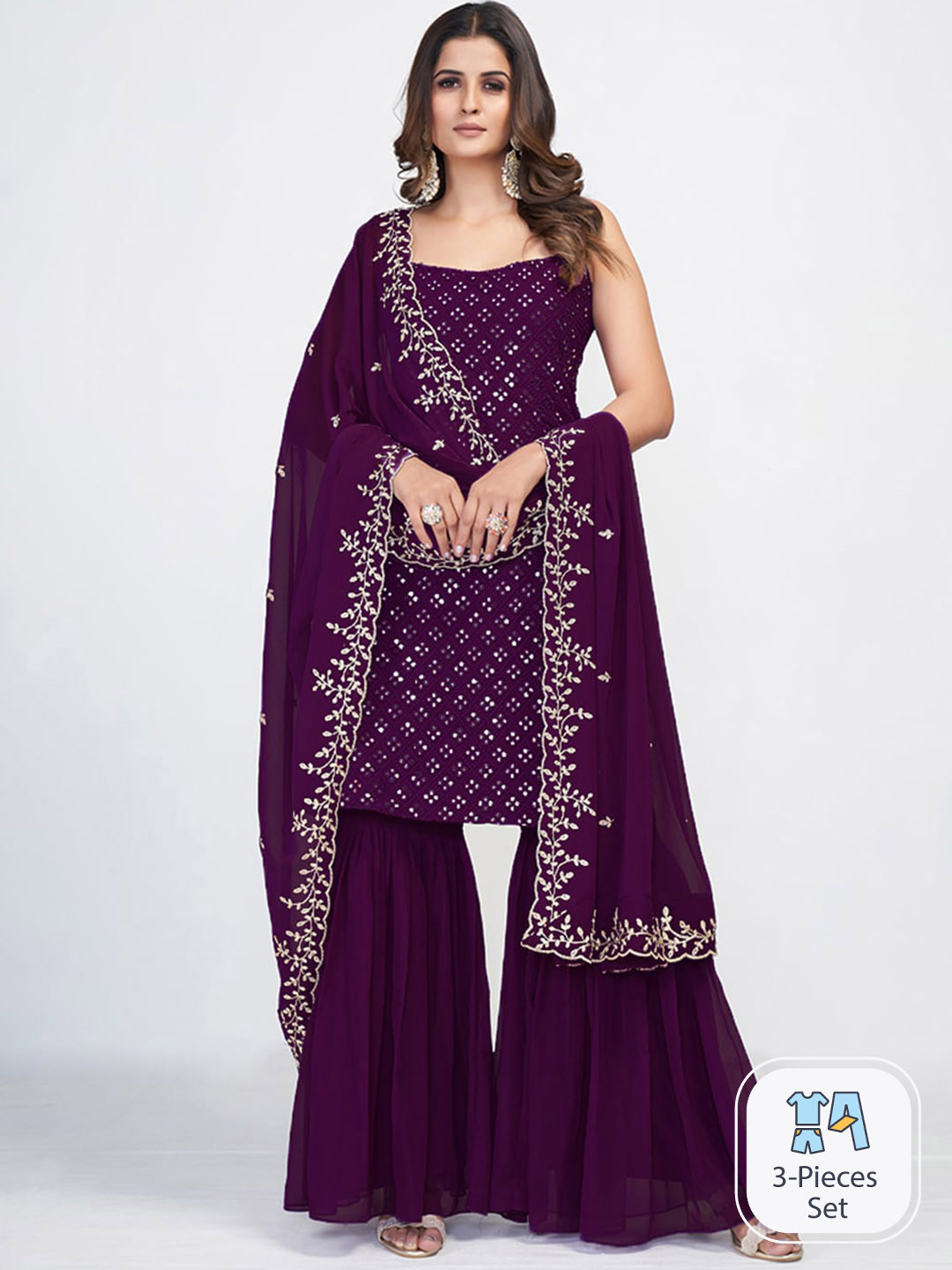 

Fusionic Ethnic Motifs Embroidered Sequined Kurta with Sharara & Dupatta, Purple