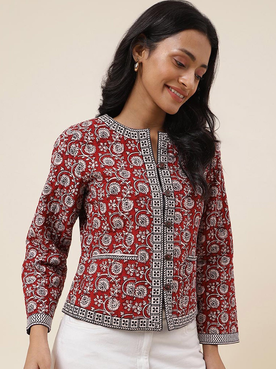 

Fabindia Floral Printed Cotton Jacket, Maroon