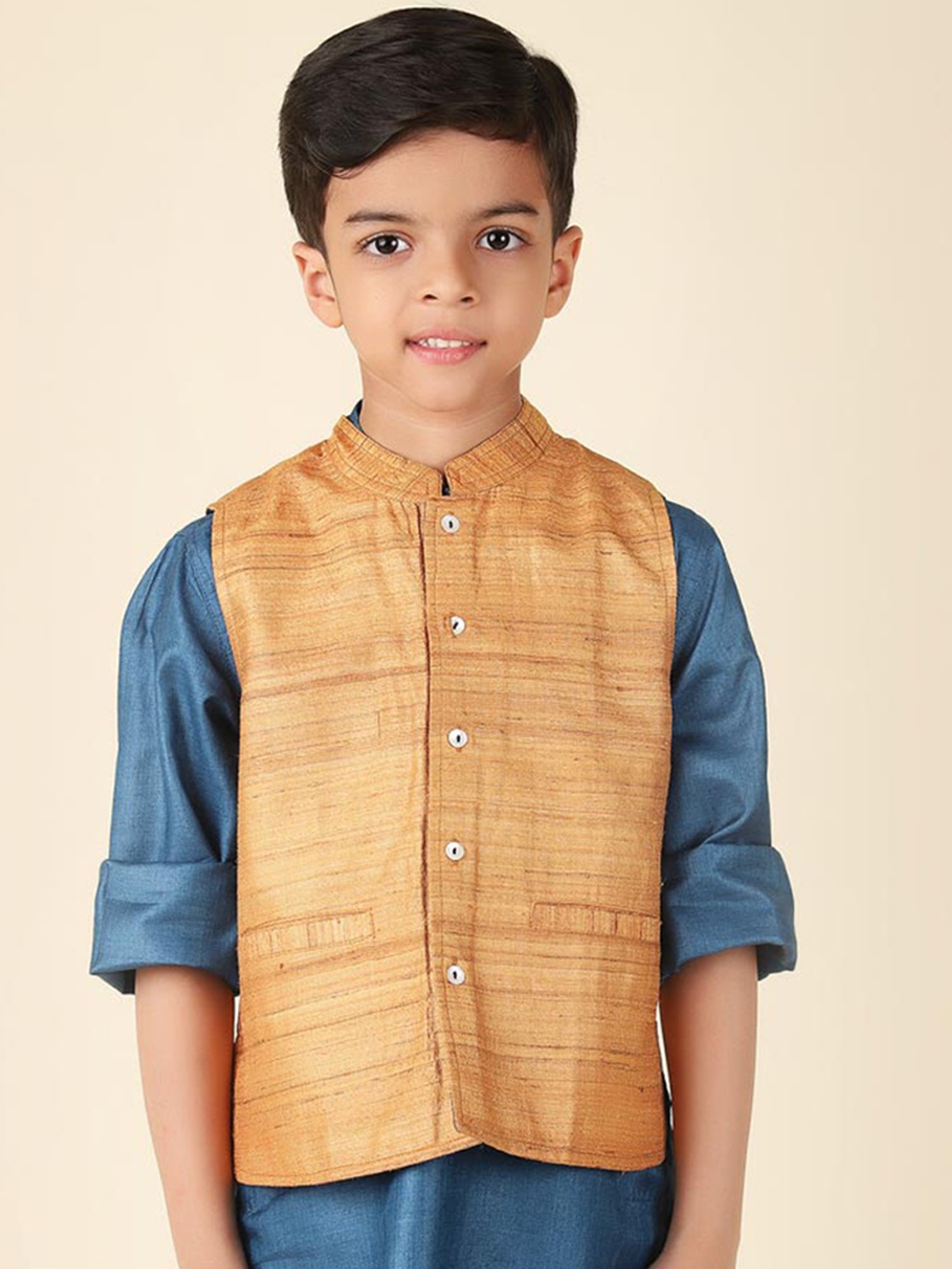 

Fabindia Mandarin Collar Woven Silk Nehru Jackets, Brown