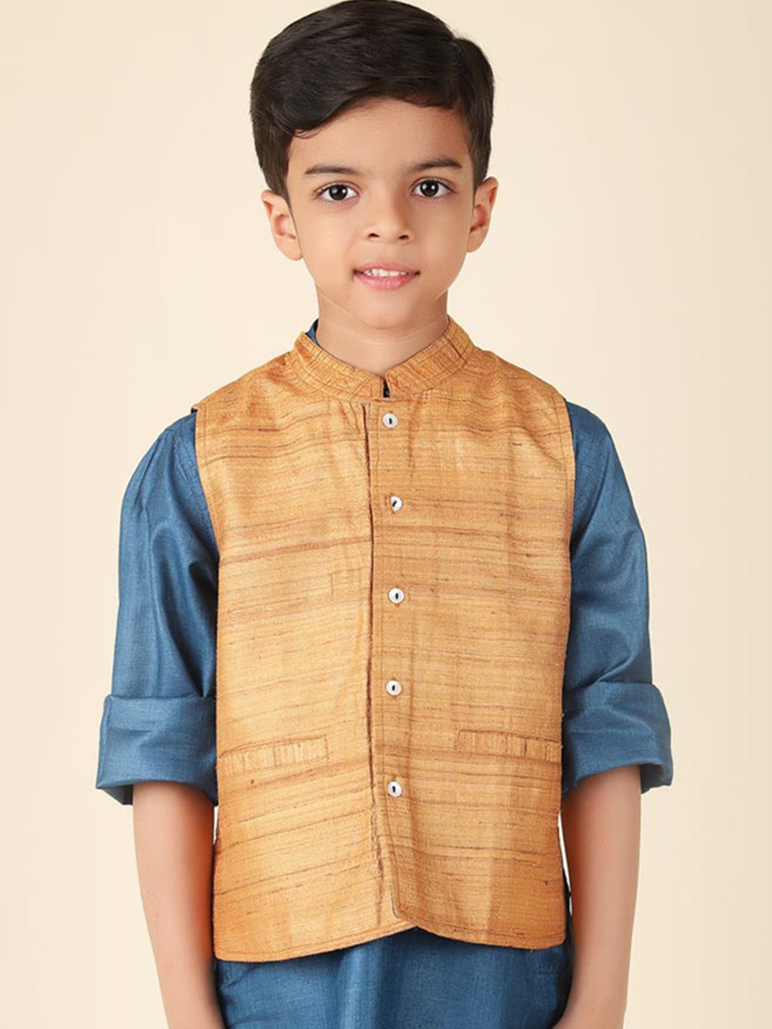 

Fabindia Mandarin Collar Woven Pure Silk Nehru Jackets, Brown
