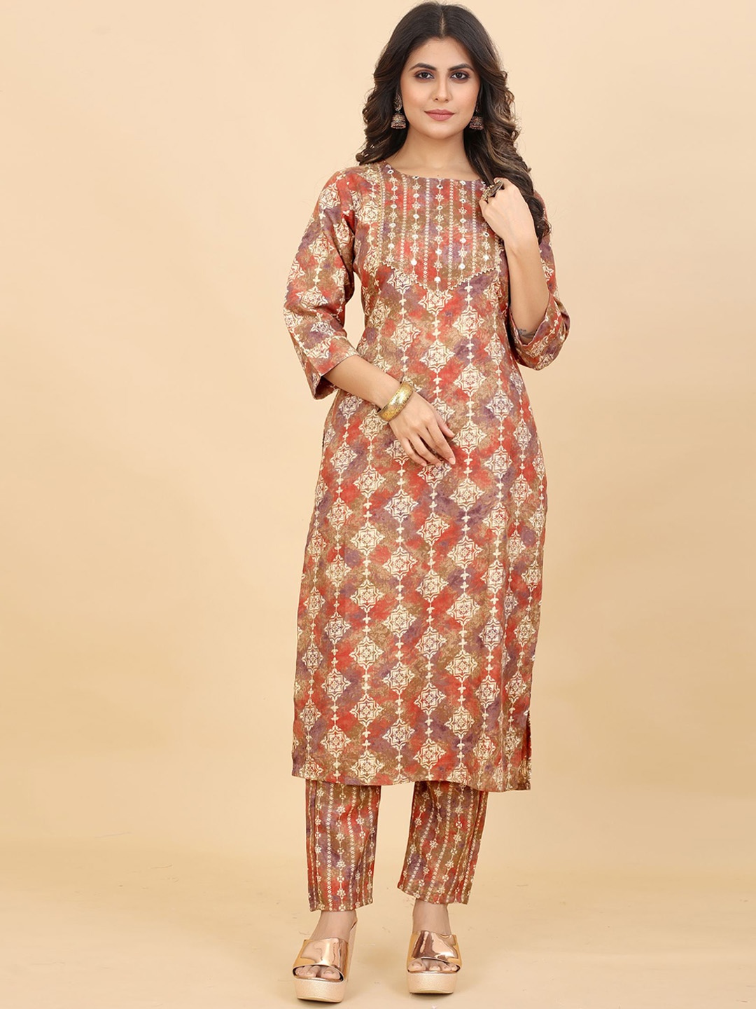 

KALINI Ethnic Motif Printed Regular Thread Work Kurta With Trousers, Brown