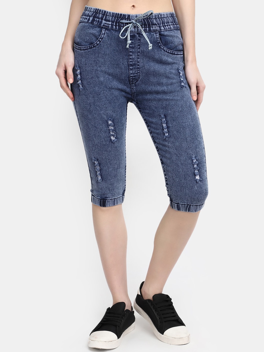

V-Mart Women Distressed Denim Capris, Blue