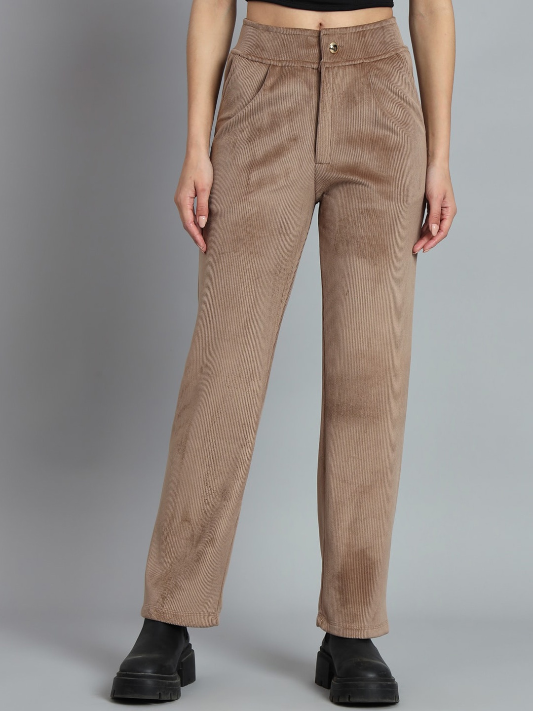 

ANTI CULTURE Women Smart Regular Fit Mid-Rise Regular Trousers, Coffee brown