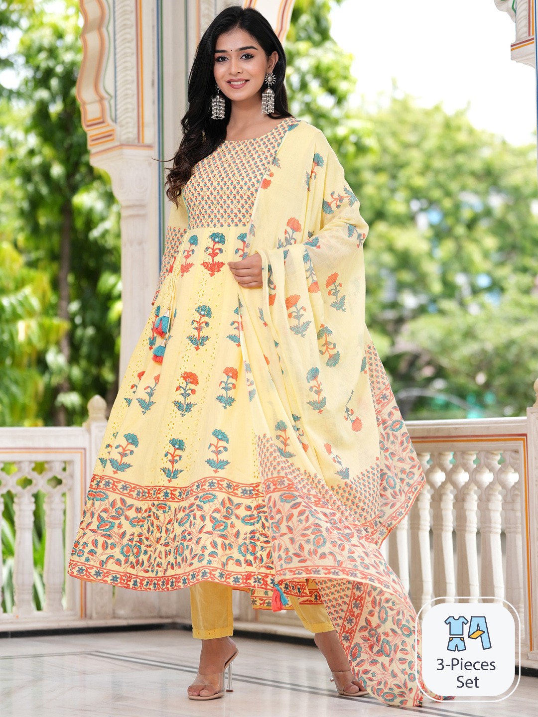 

PREKSHA Ethnic Motifs Printed Pure Cotton Kurta With Trousers & Dupatta, Yellow
