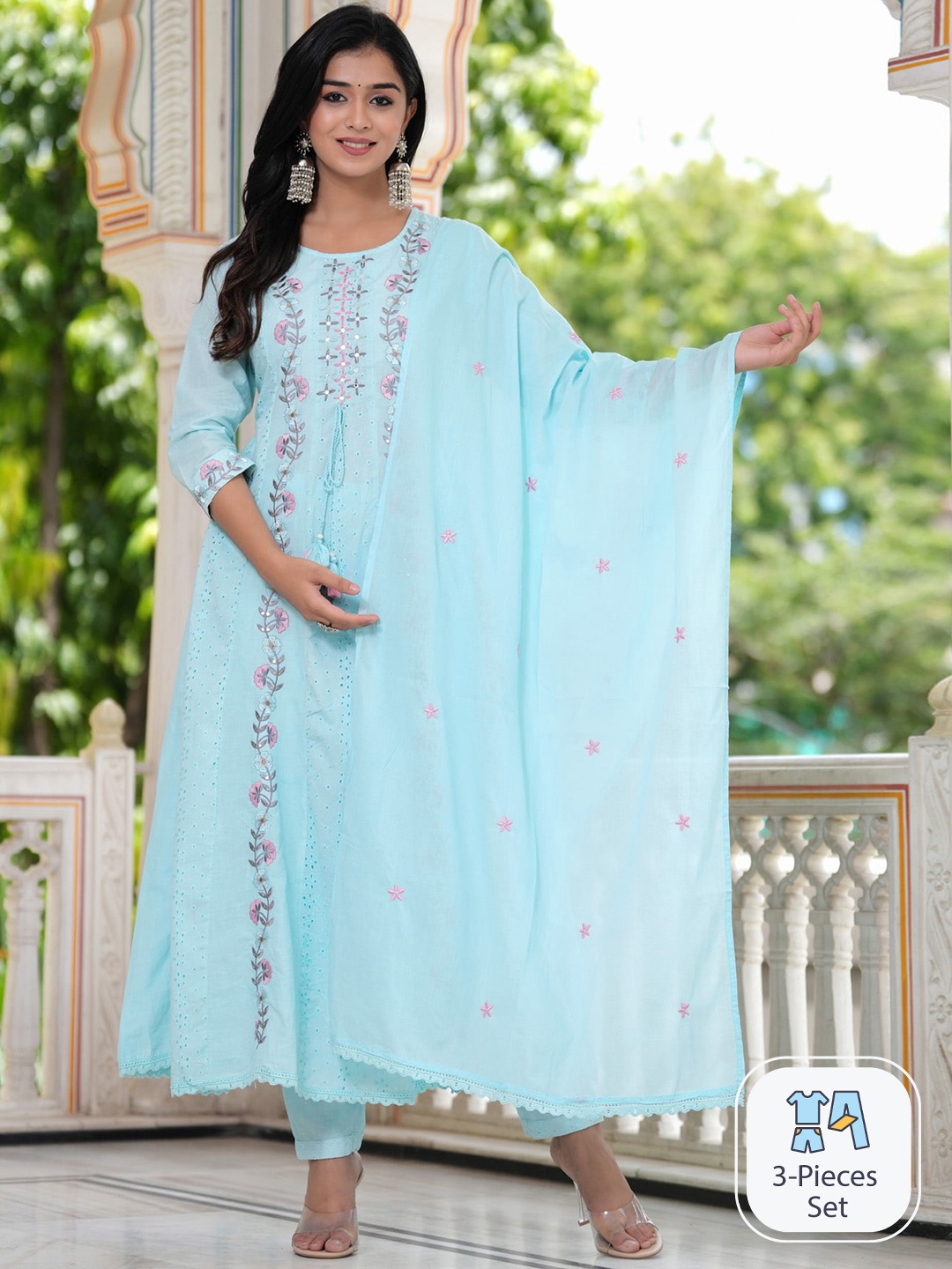 

PREKSHA Ethnic Motifs Embroidered Thread Work Pure Cotton Kurta With Trousers & Dupatta, Blue