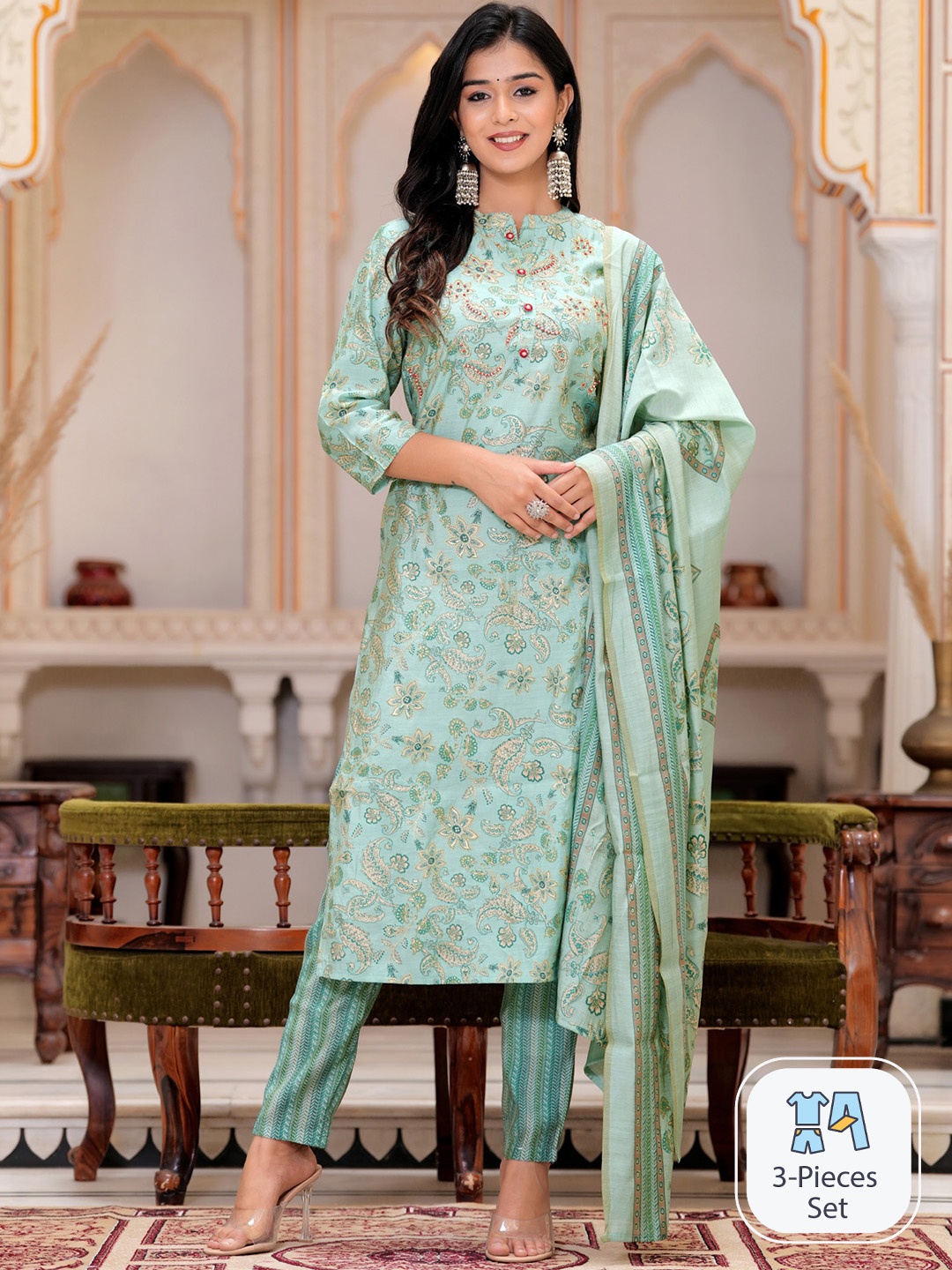 

PREKSHA Ethnic Motifs Printed Kurta With Trousers & Dupatta, Green