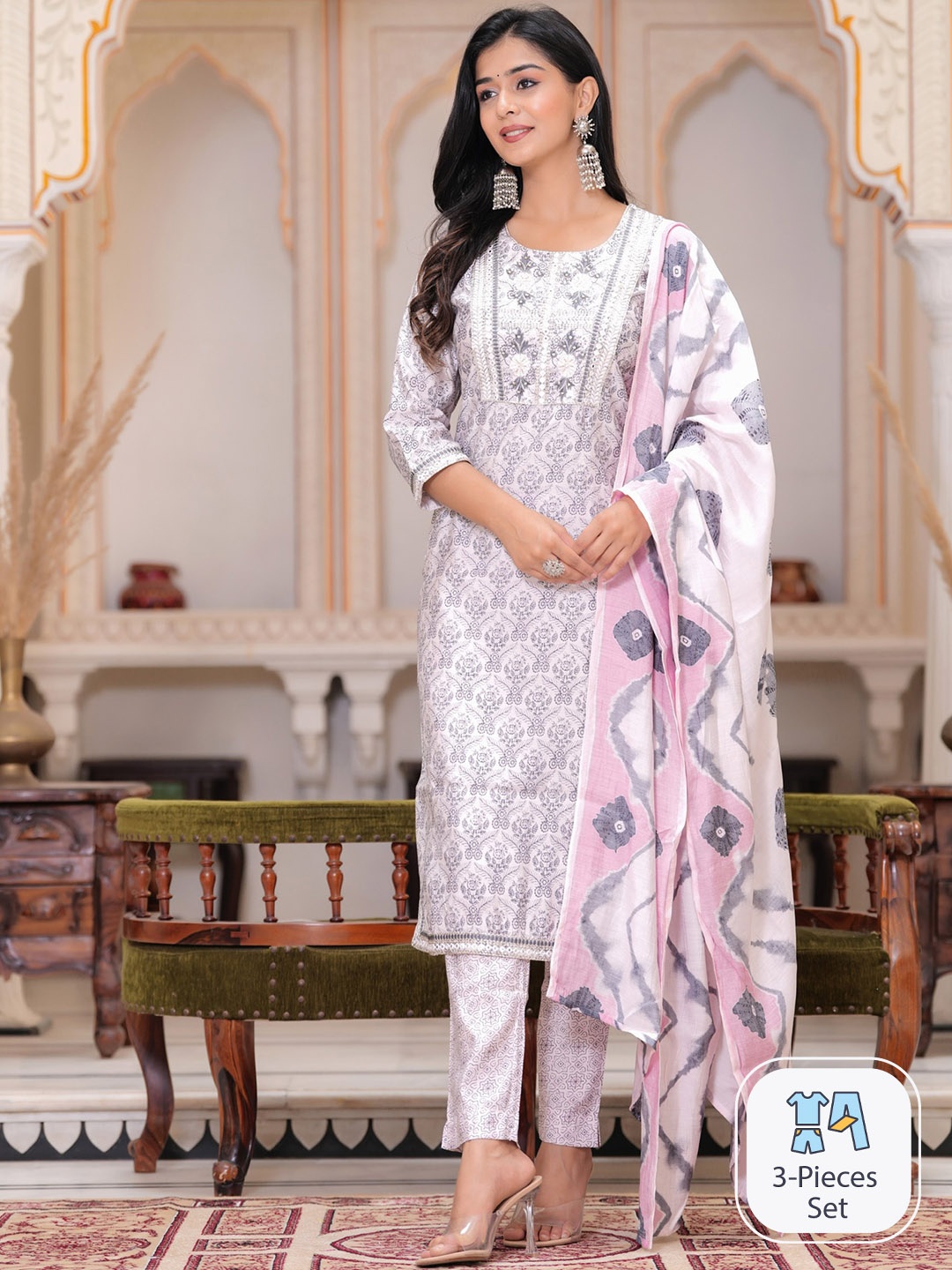 PREKSHA Floral Printed Pure Cotton Kurta With Trousers & With Dupatta, Purple