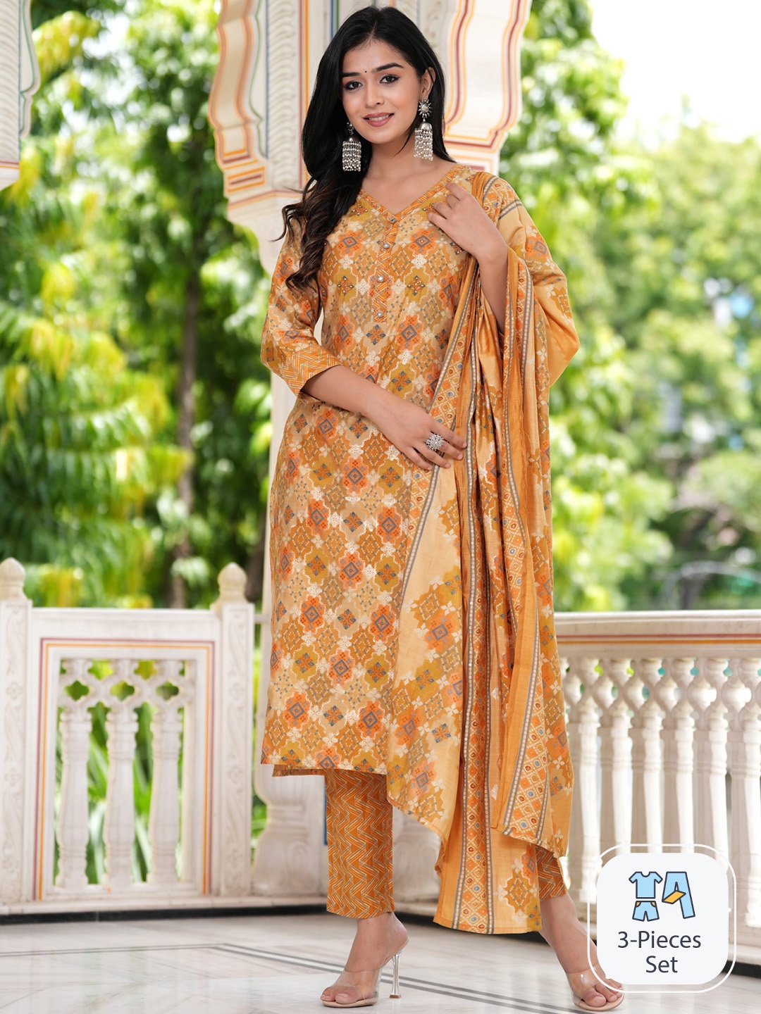 

PREKSHA Ethnic Motifs Printed Regular Kurta & Trousers With Dupatta, Mustard