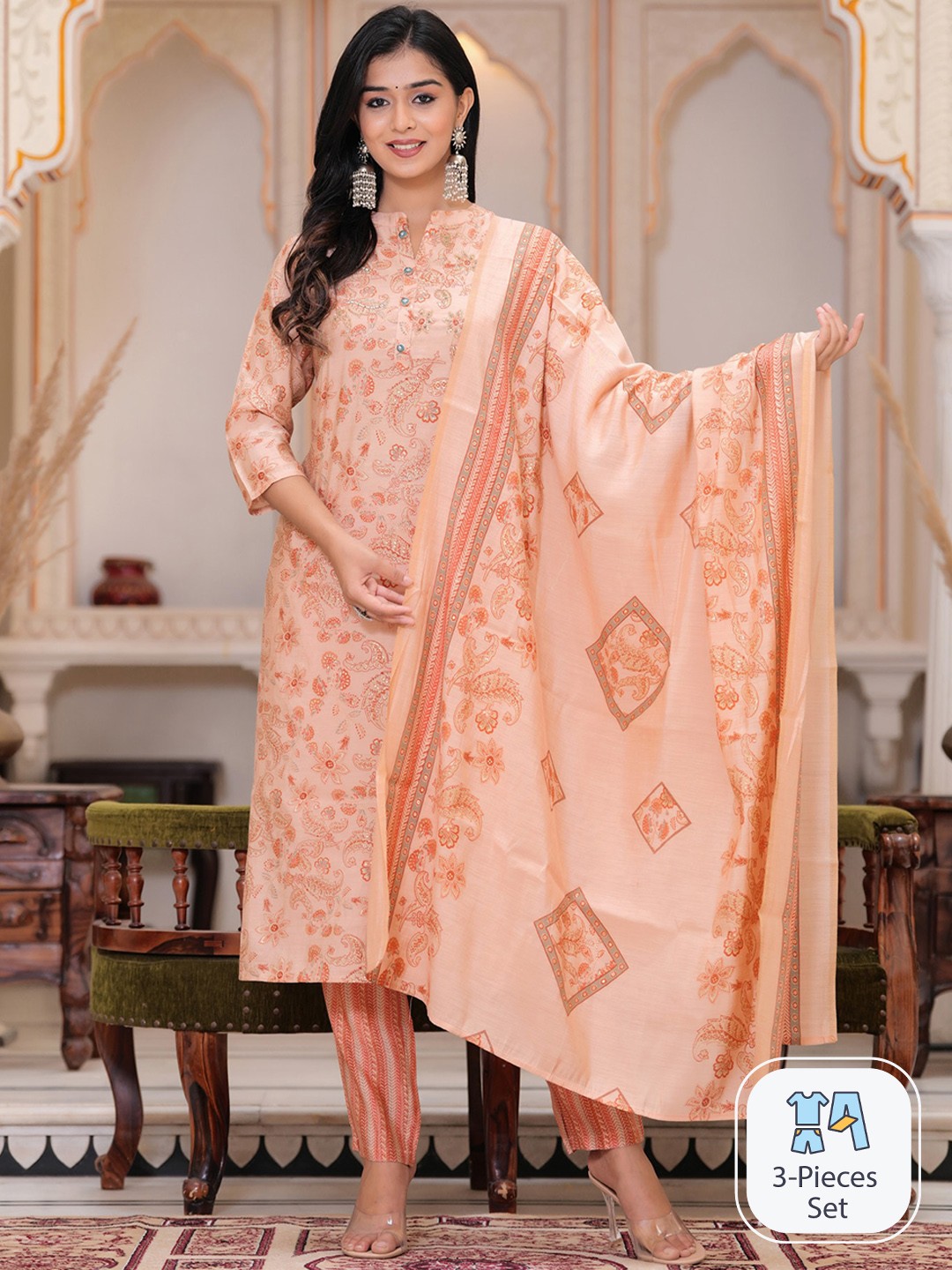 

PREKSHA Paisley Embroidered Kurta With Trousers & Dupatta, Peach