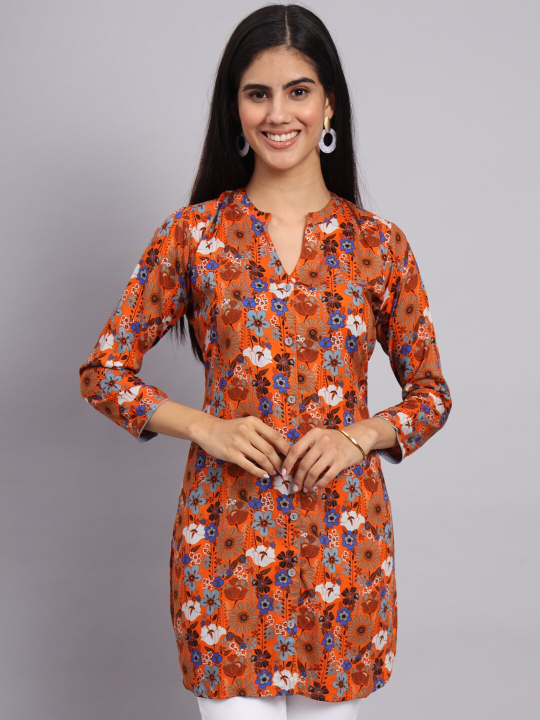 

Tissu Floral Printed Mandarin Collar Straight Kurti, Orange