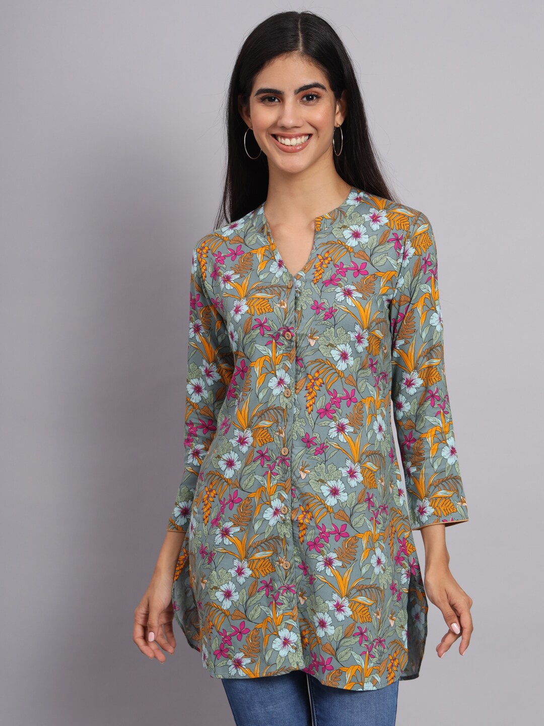

Tissu Floral Printed Mandarin Collar Straight Kurti, Grey