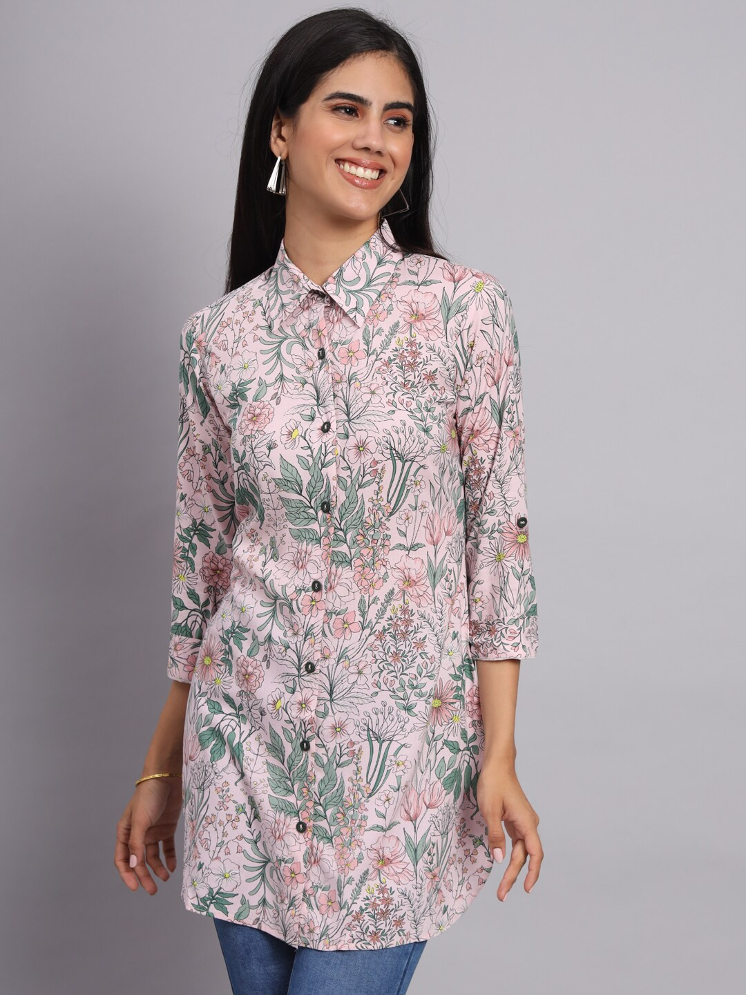 

Tissu Floral Printed Shirt Collar Straight Kurti, Pink