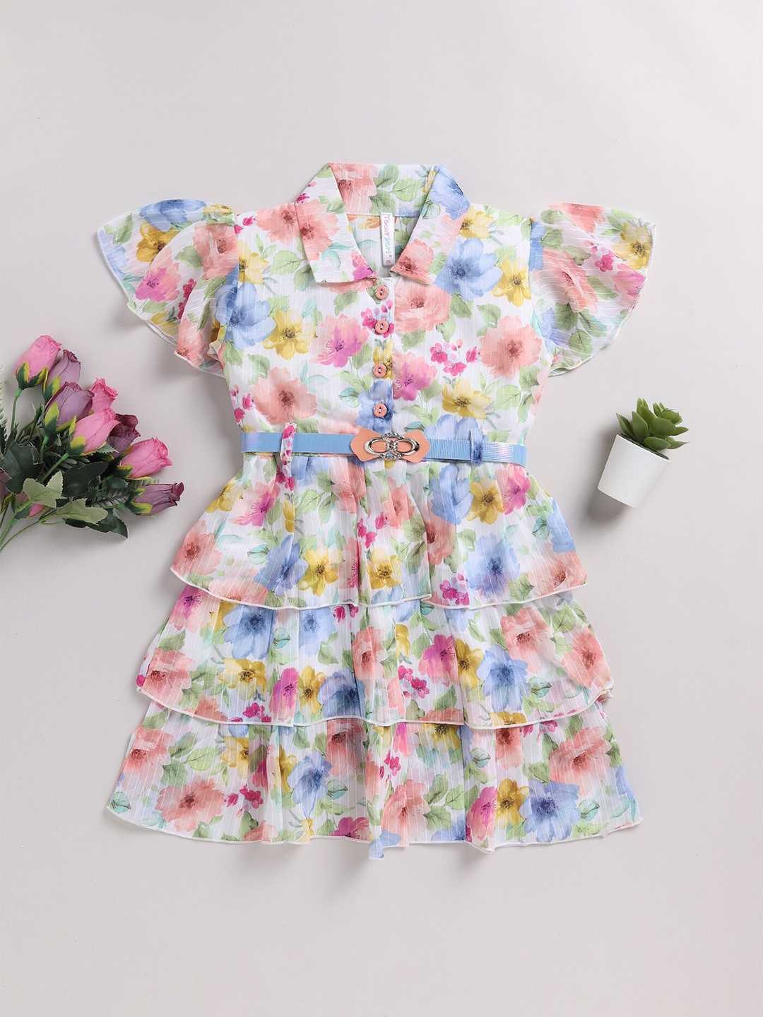 

Toonyport Infant Girls Floral Printed Flutter Sleeve Chiffon Fit & Flare Dress, Pink