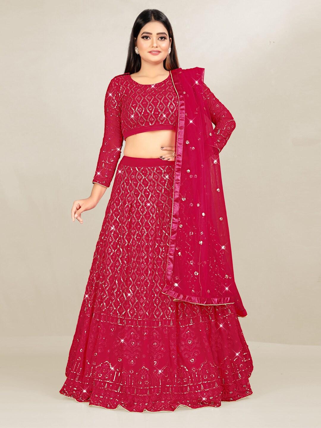 

TIKODI Sequin Embroidered Semi-Stitched Lehenga & Unstitched Blouse With Dupatta, Pink