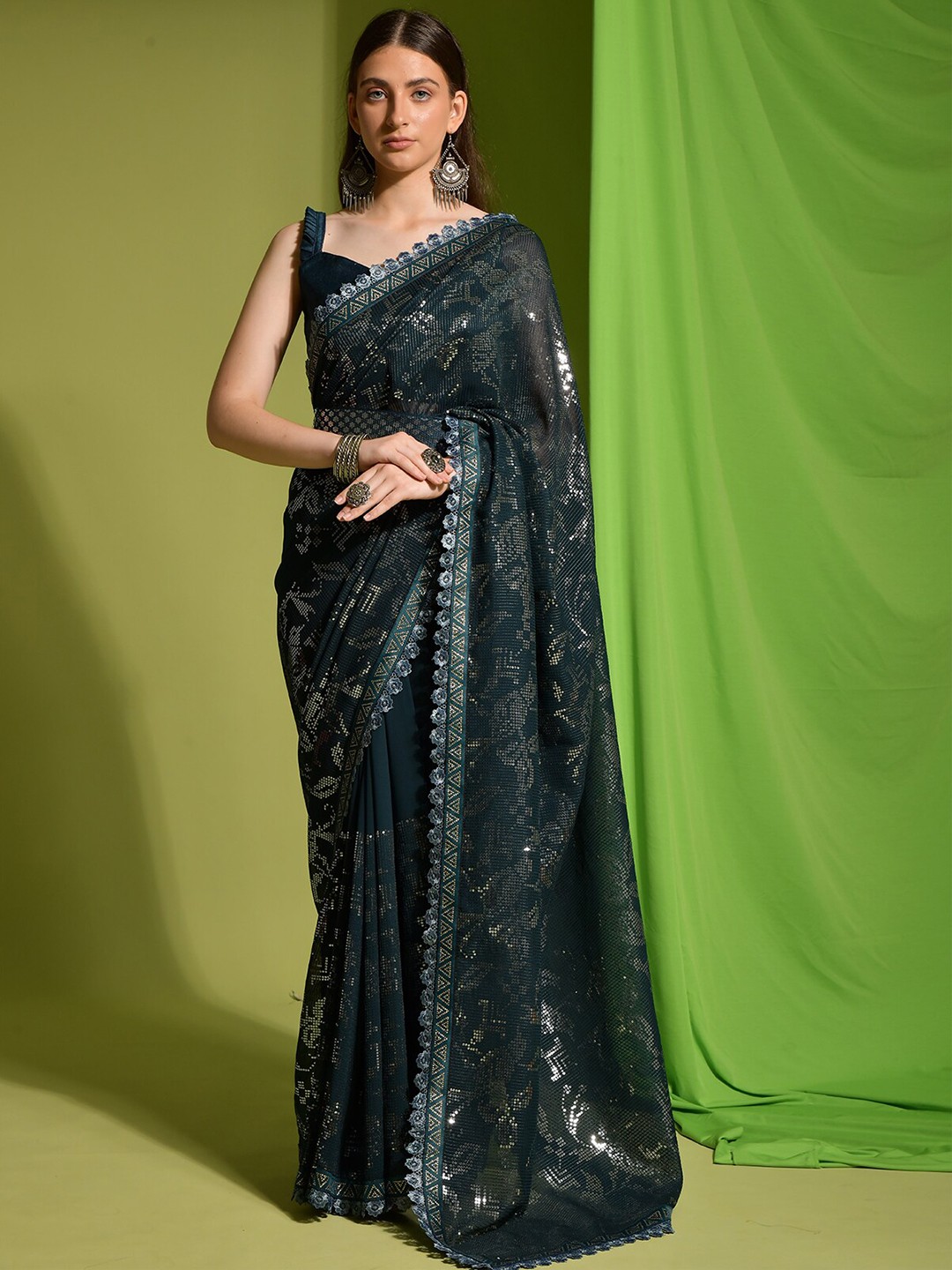 

ODETTE Sequin Embellished Saree, Green