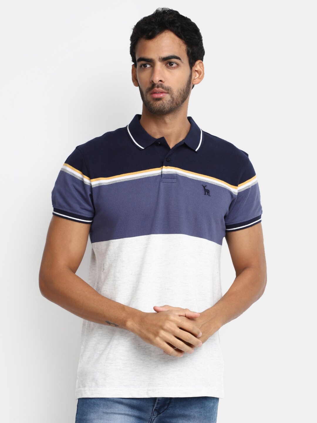 

V-Mart Colourblocked Polo Collar Cotton T-shirt, Blue