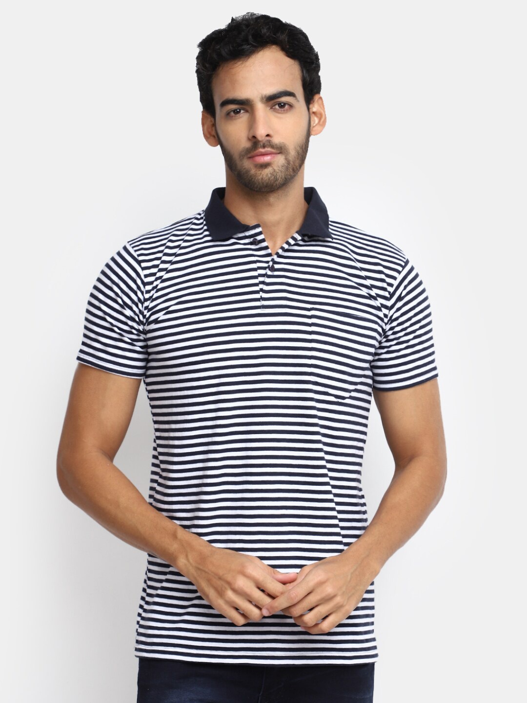 

V-Mart Striped Polo Collar Regular Fit Cotton Casual T-shirt, Blue