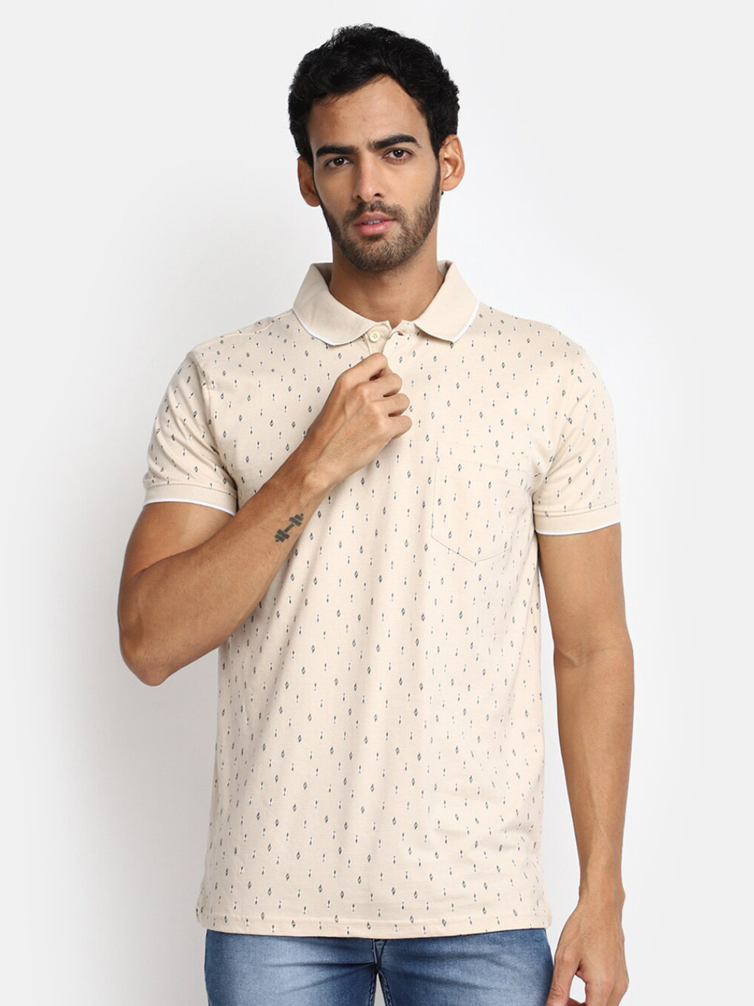 

V-Mart Micro Ditsy Printed Polo Collar Cotton T-shirt, Beige