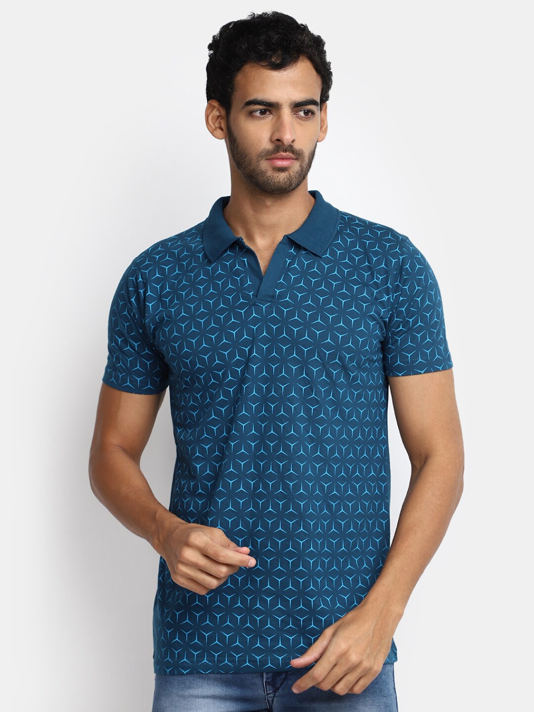 

V-Mart Graphic Printed Polo Collar Slim Fit Cotton T-shirt, Teal