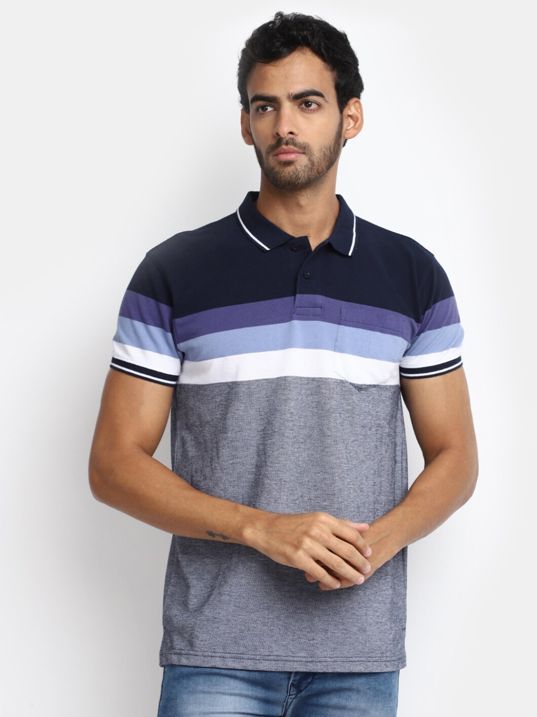 

V-Mart Striped Polo Collar Cotton T-shirt, Blue