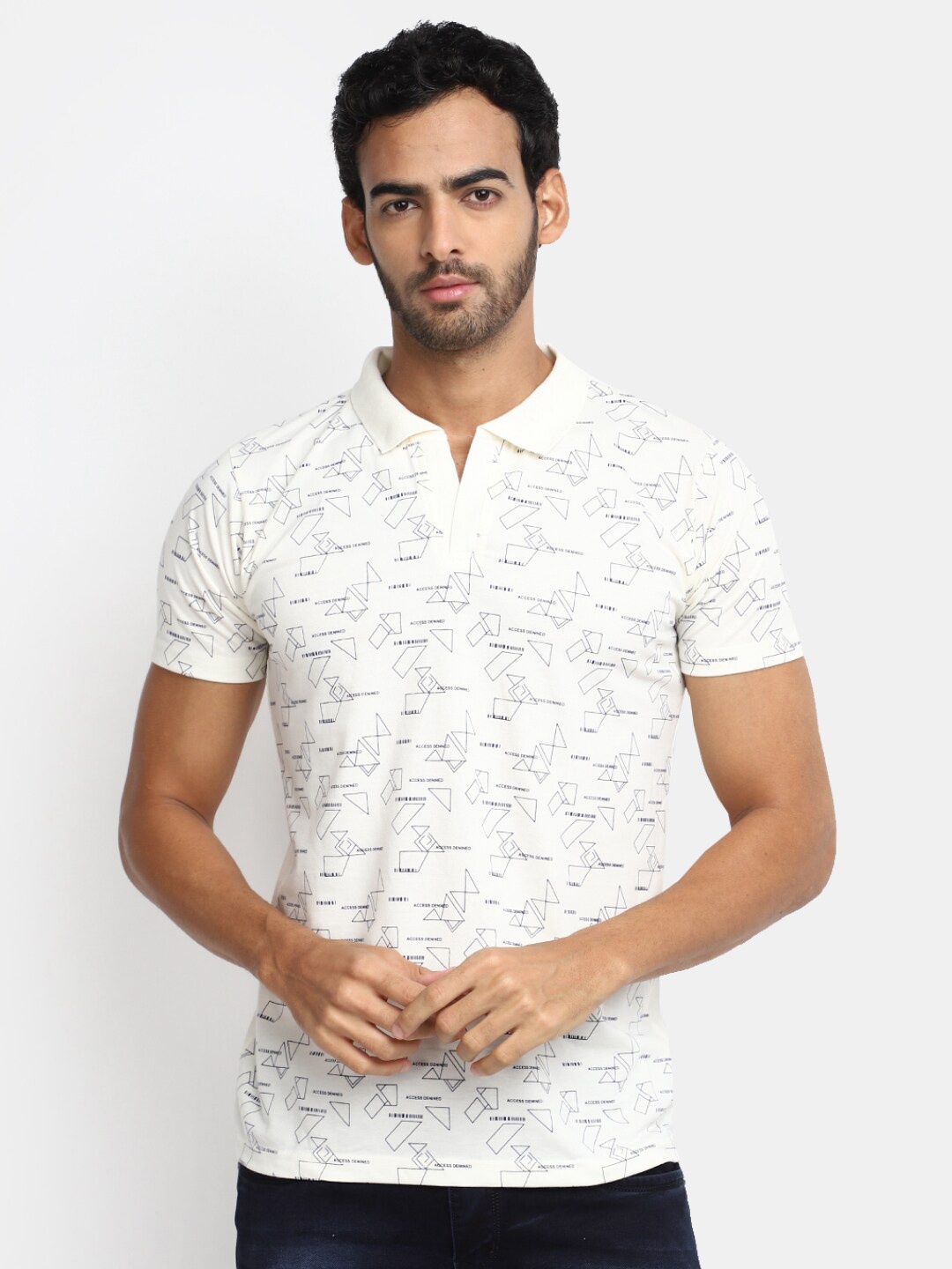

V-Mart Geometric Printed Polo Collar Cotton Slim Fit T-shirt, Off white