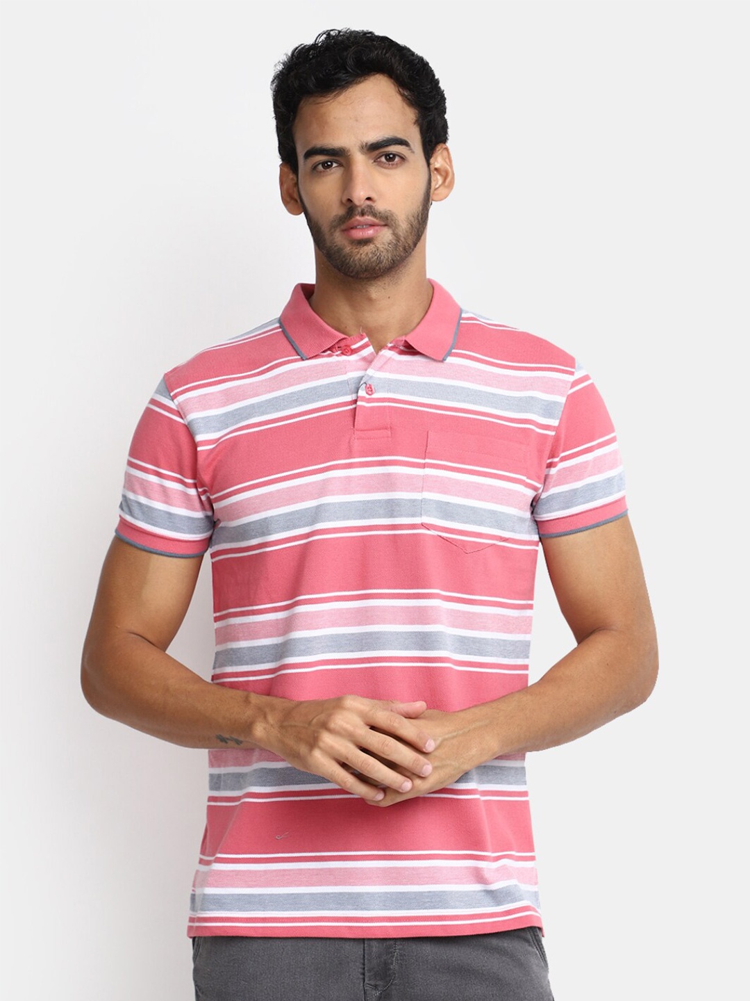

V-Mart Striped Polo Collar Cotton T-shirt, Pink