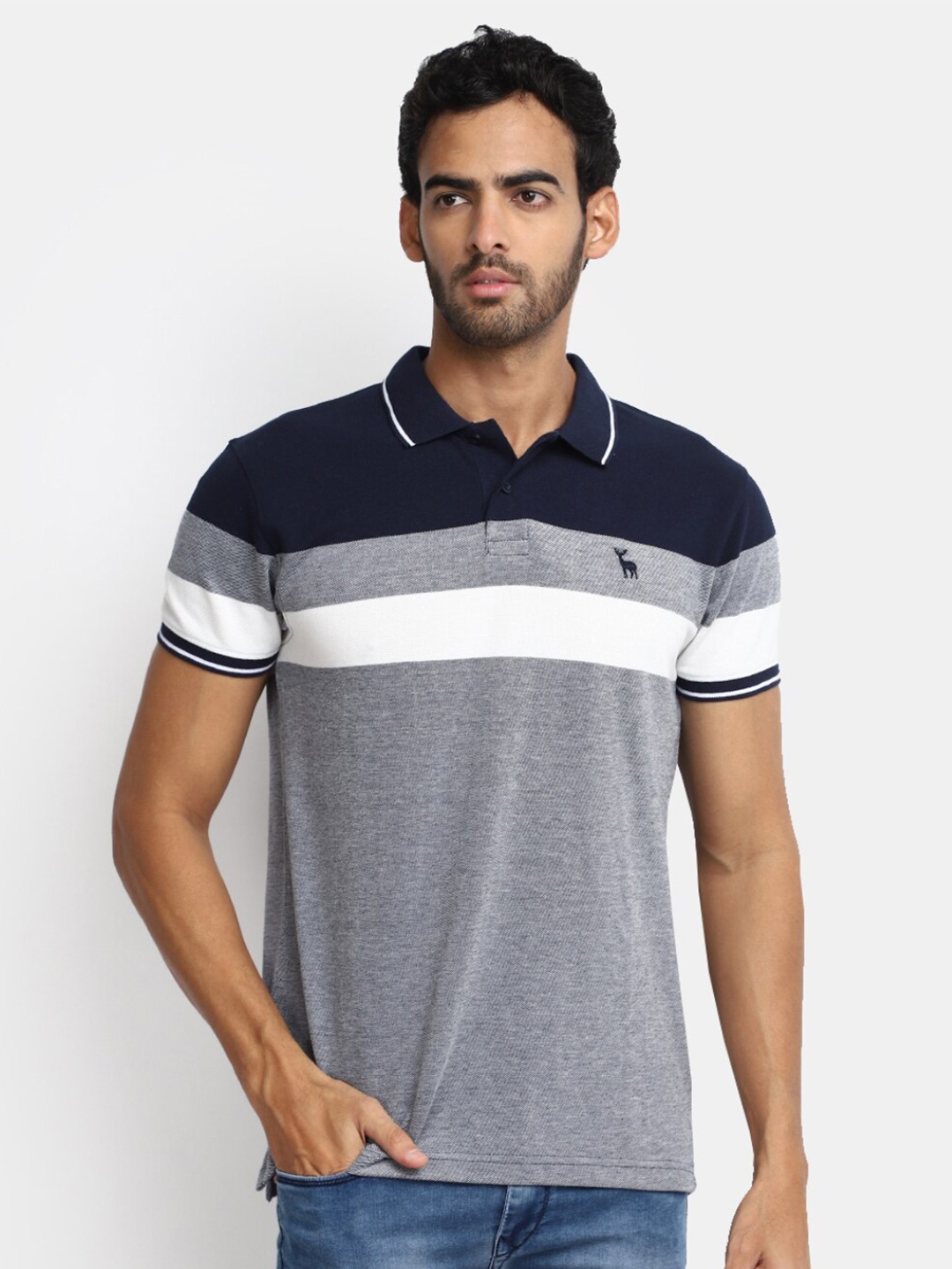 

V-Mart Colourblocked Polo Collar Cotton T-shirt, Grey