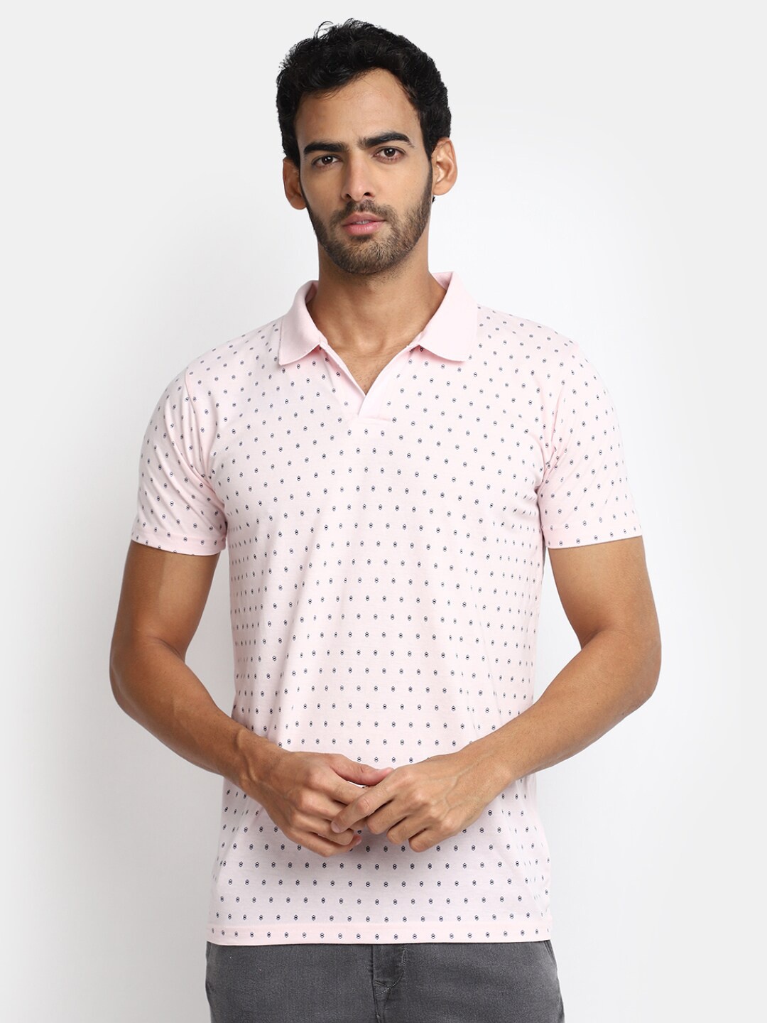 

V-Mart Geometric Printed Polo Collar Cotton Slim Fit T-shirt, Pink