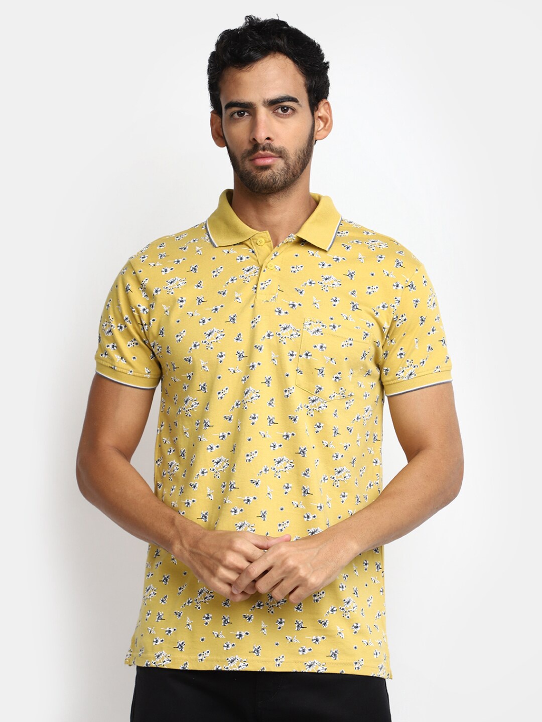 

V-Mart Floral Printed Polo Collar Cotton T-Shirt, Yellow