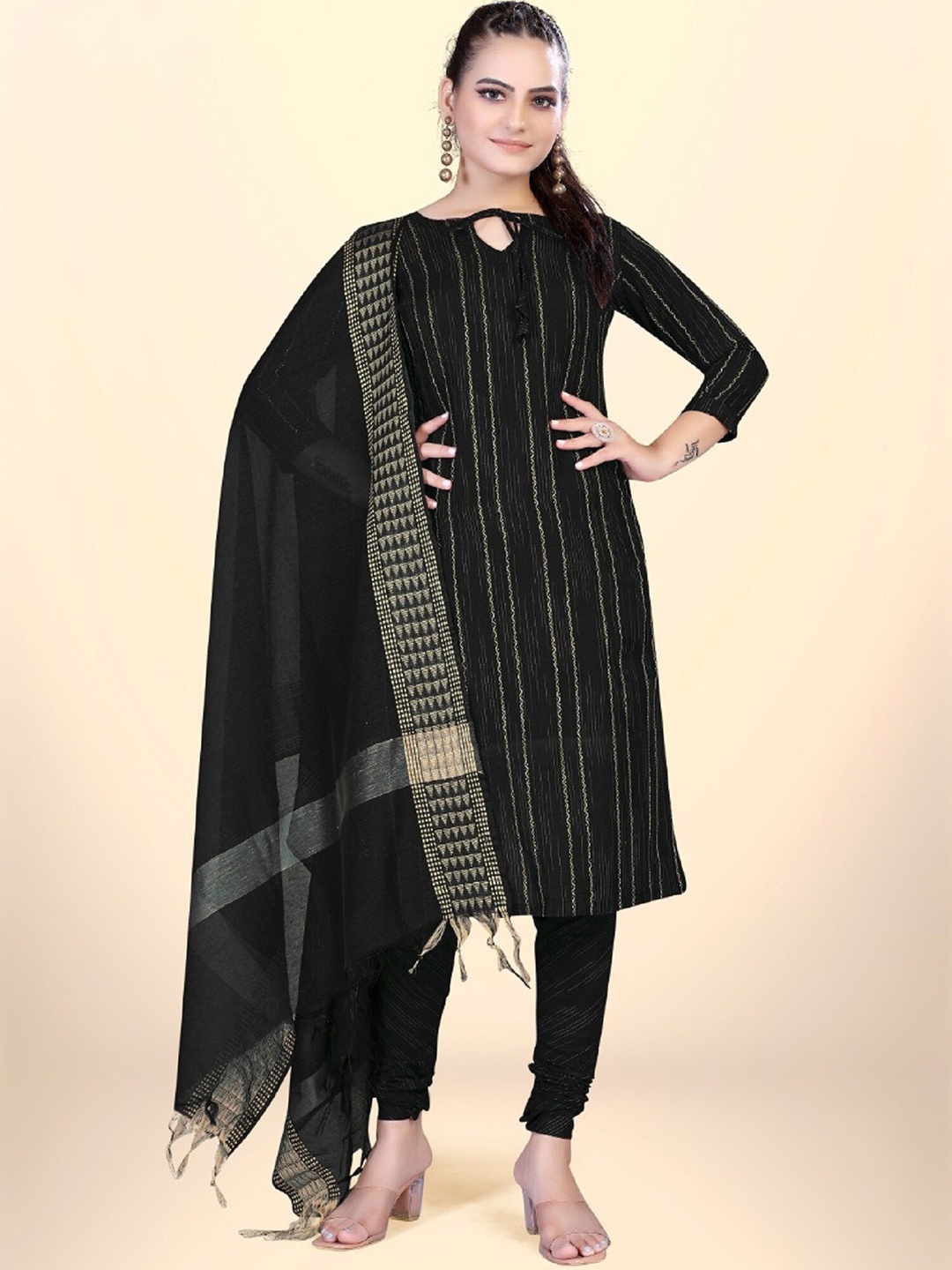 

APNISHA Striped Unstitched Dress Material, Black