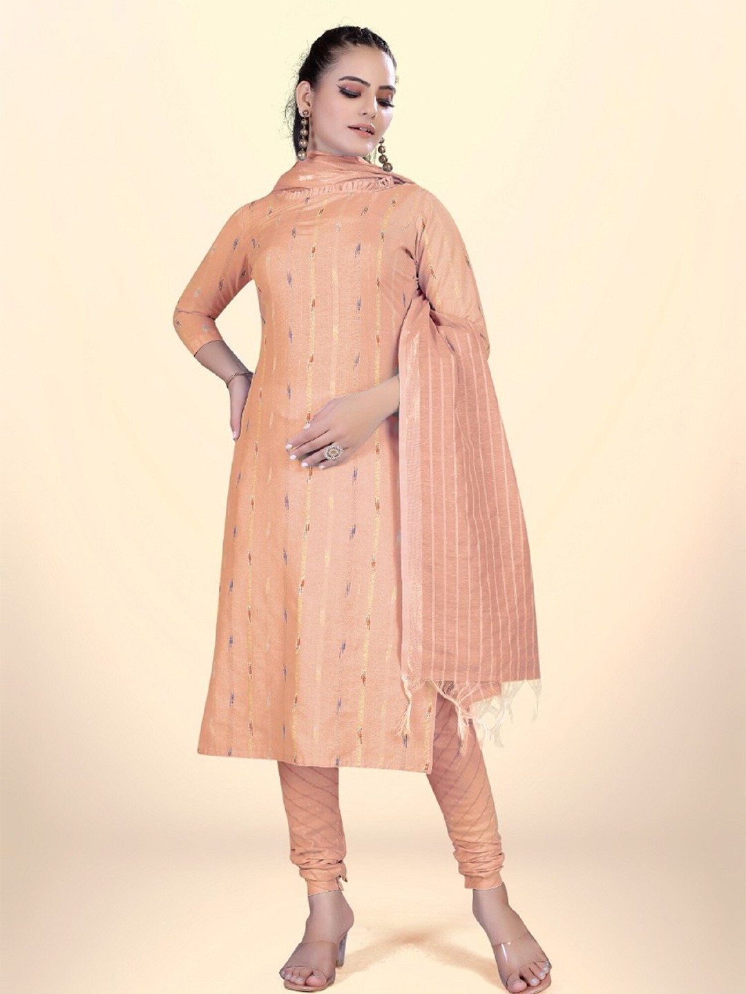 

APNISHA Striped Printed Unstitched Dress Material, Orange