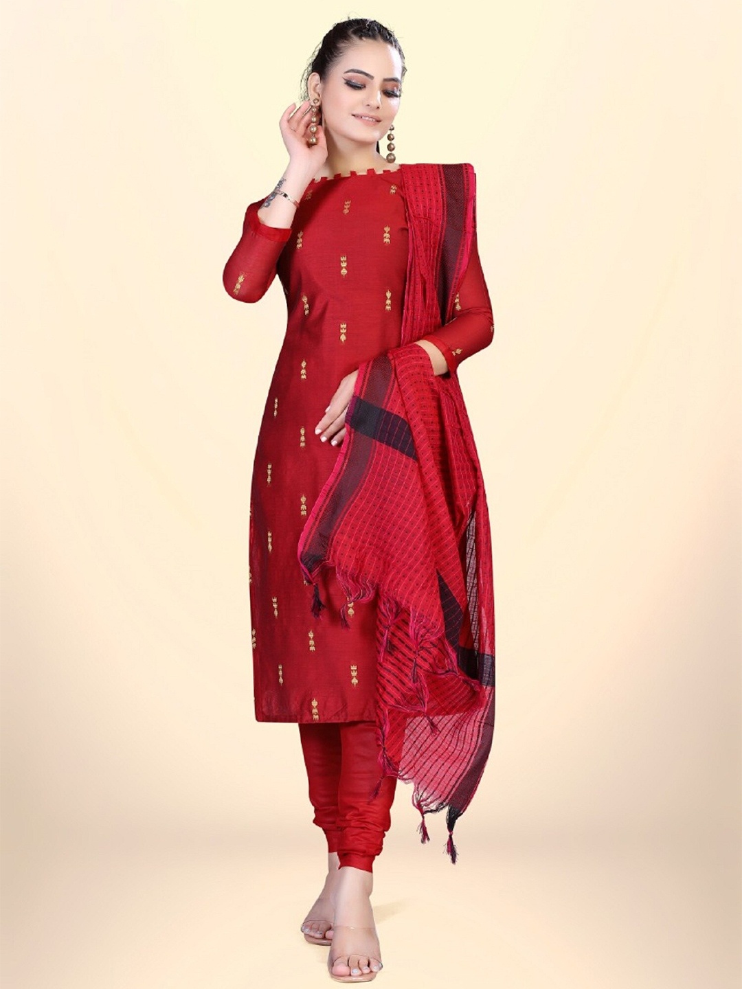 

APNISHA Ethnic Motifs Printed Unstitched Dress Material, Red
