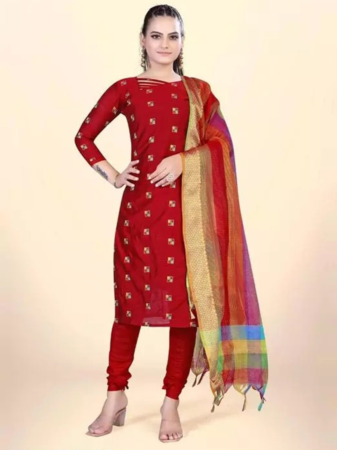 

APNISHA Geometric Printed Unstitched Dress Material, Red