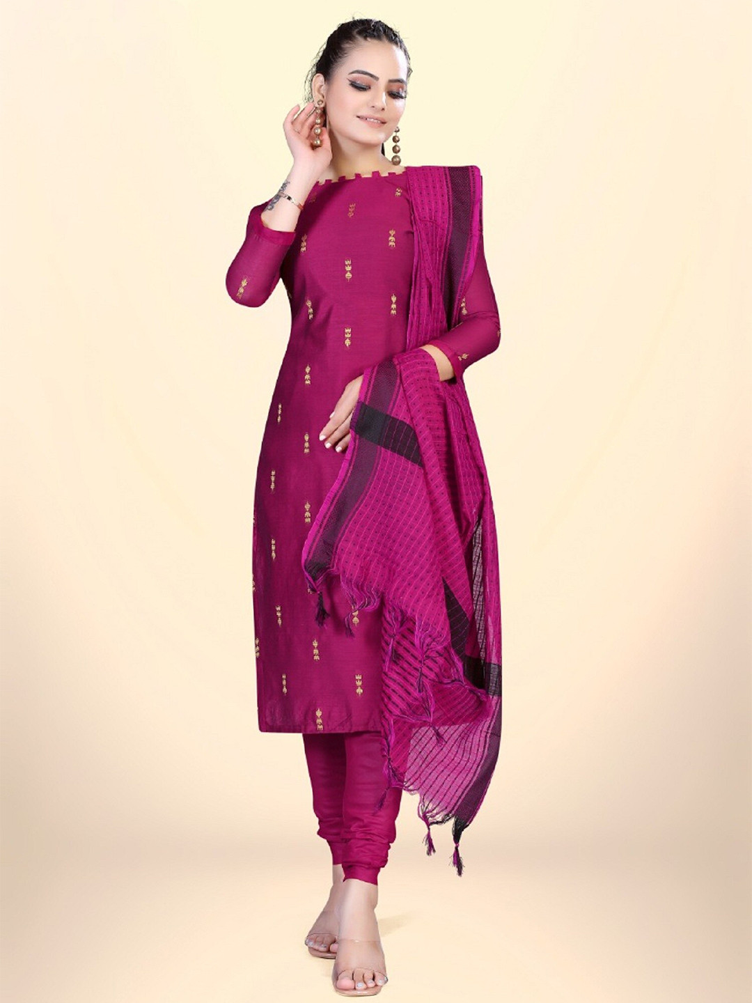 

APNISHA Ethnic Motifs Printed Unstitched Dress Material, Pink