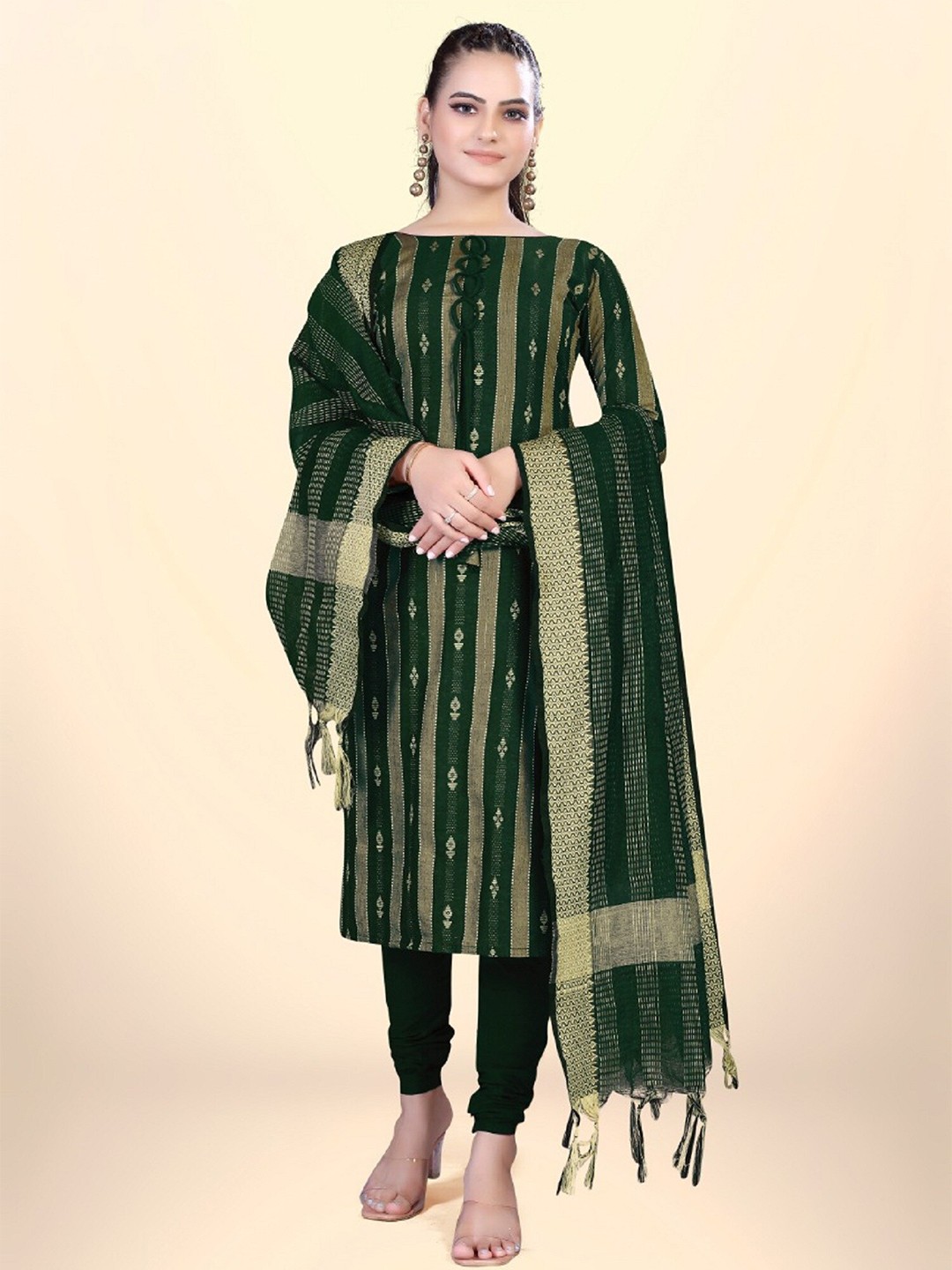 

APNISHA Ethnic Motifs Printed Zari Unstitched Dress Material, Green