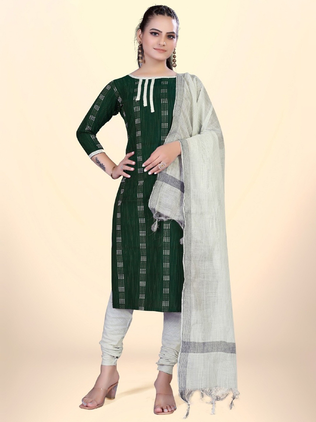 

APNISHA Geometric Embroidered Unstitched Dress Material, Green