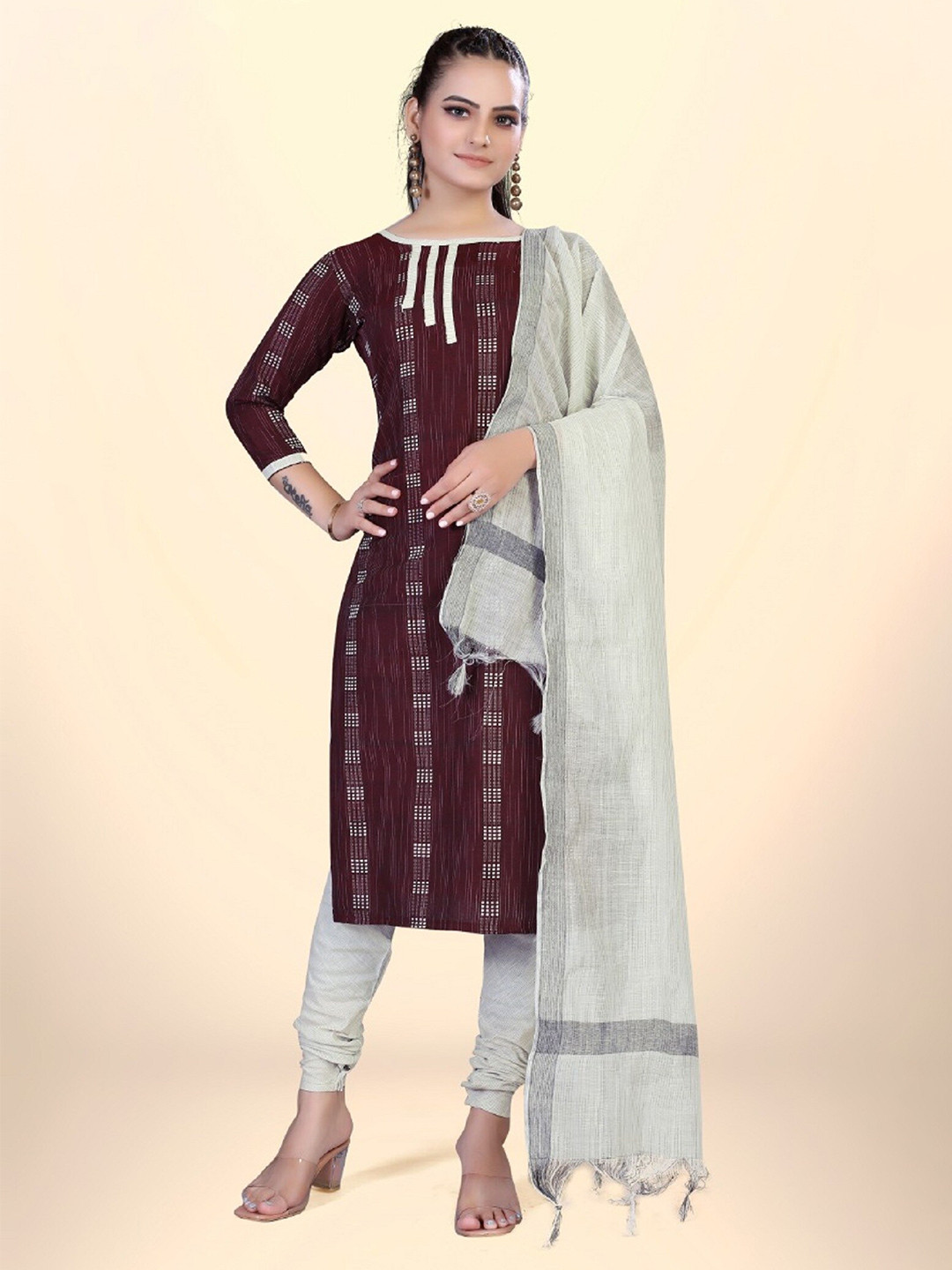 

APNISHA Striped Printed Unstitched Dress Material, Maroon